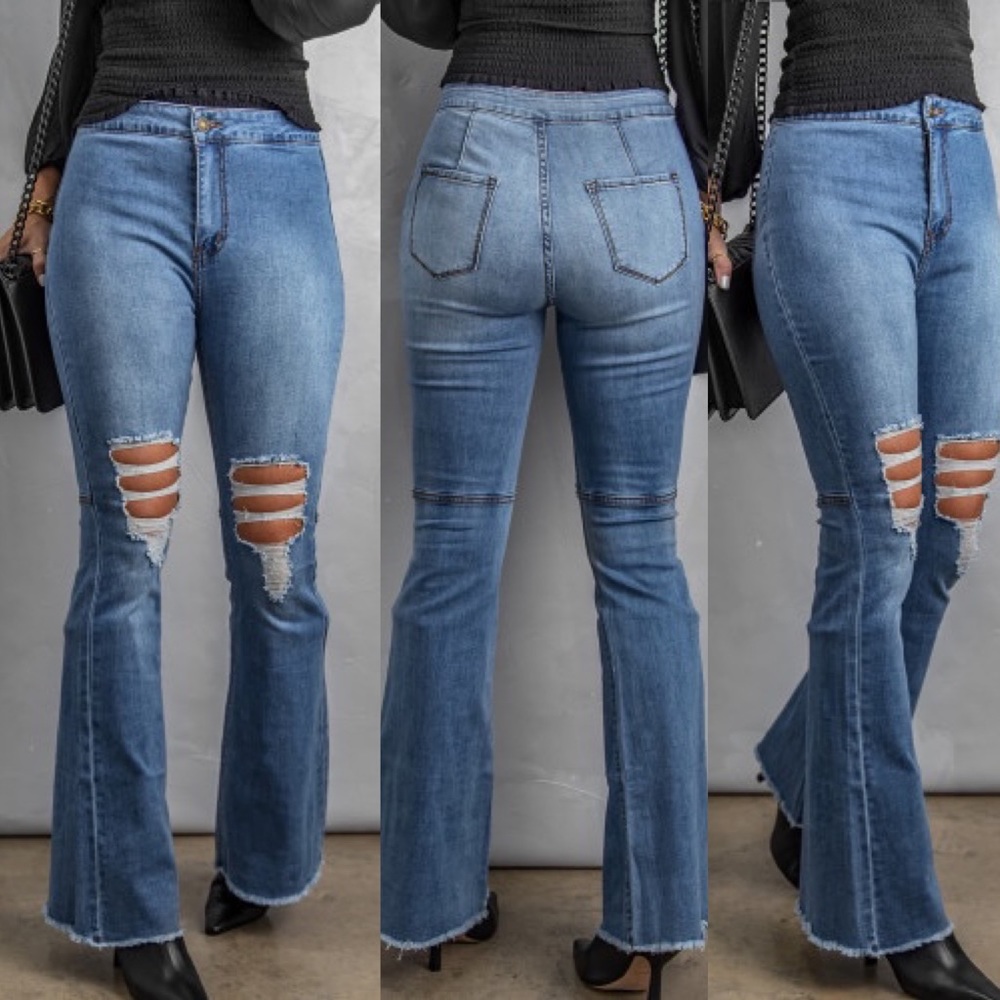 Boutique high rise bell bottom flare frayed hem distressed light wash jeans